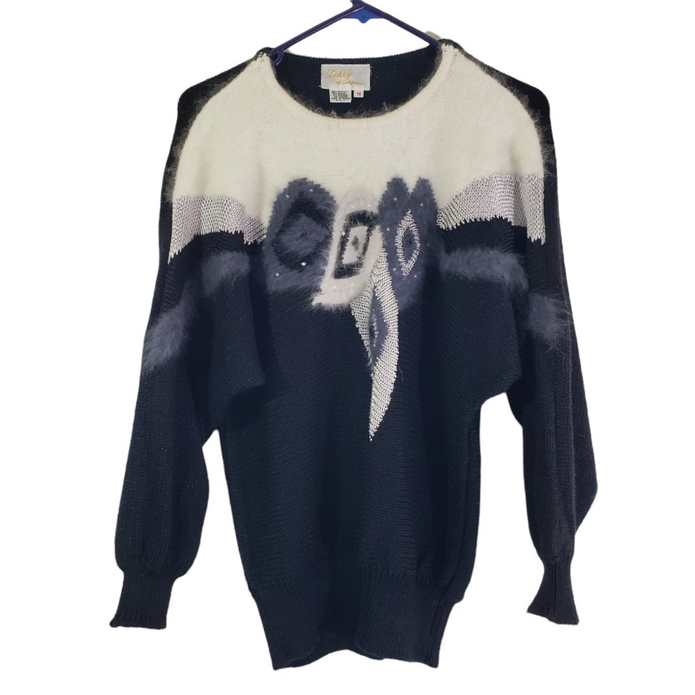 LILLY OF CALIFORNIA Medium Black, White, Gray Geometric Angora Vintage Sweater